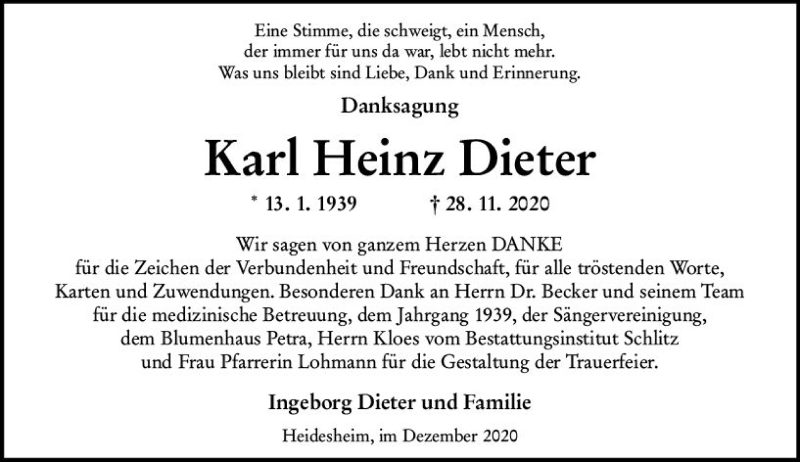  Traueranzeige für Karl Heinz Dieter vom 19.12.2020 aus vrm-trauer