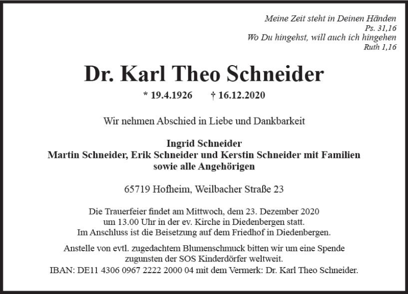  Traueranzeige für Karl Theo Schneider vom 18.12.2020 aus vrm-trauer
