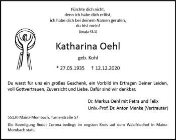 Traueranzeige von Katharina Oehl von vrm-trauer