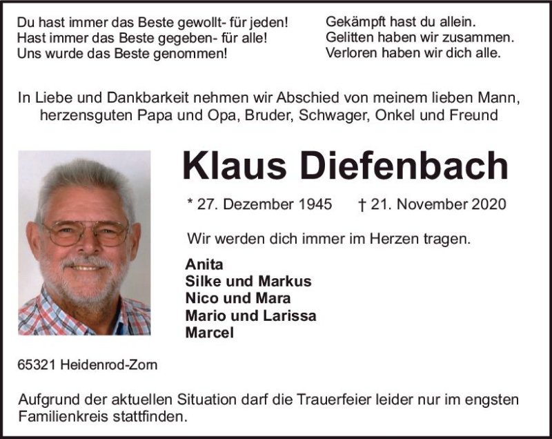  Traueranzeige für Klaus Diefenbach vom 02.12.2020 aus vrm-trauer