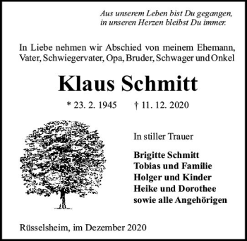 Traueranzeige von Klaus Schmitt von vrm-trauer