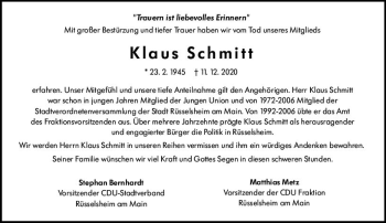 Traueranzeige von Klaus Schmitt von vrm-trauer