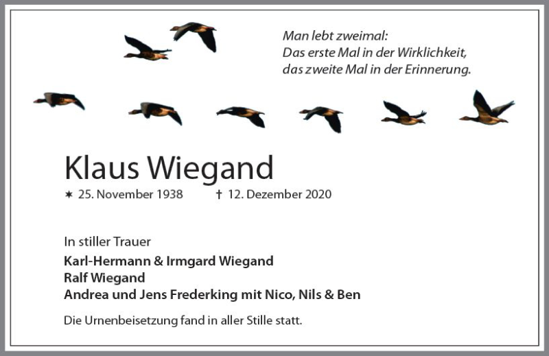  Traueranzeige für Klaus Wiegand vom 19.12.2020 aus vrm-trauer