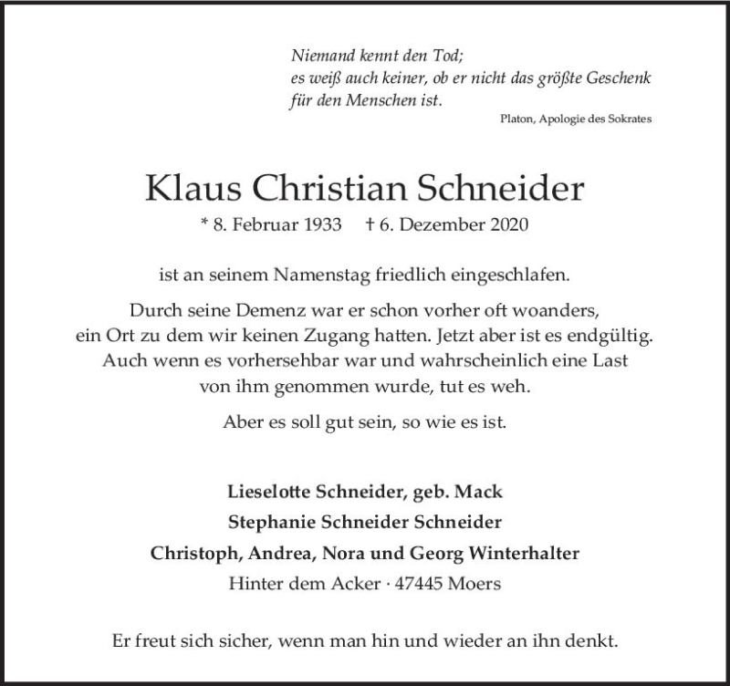  Traueranzeige für Klaus Christian Schneider vom 12.12.2020 aus vrm-trauer
