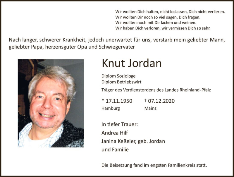  Traueranzeige für Knut Jordan vom 19.12.2020 aus vrm-trauer