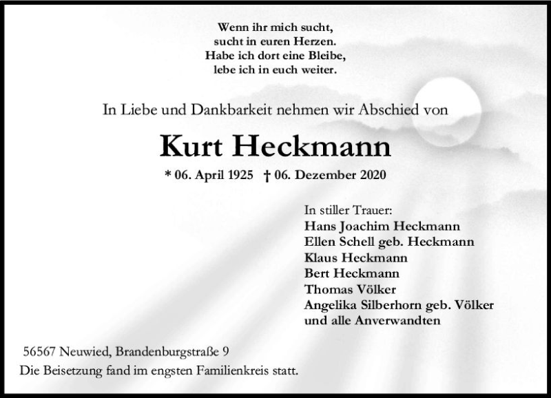  Traueranzeige für Kurt Heckmann vom 12.12.2020 aus vrm-trauer