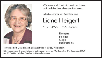 Traueranzeige von Liane Heigert von vrm-trauer