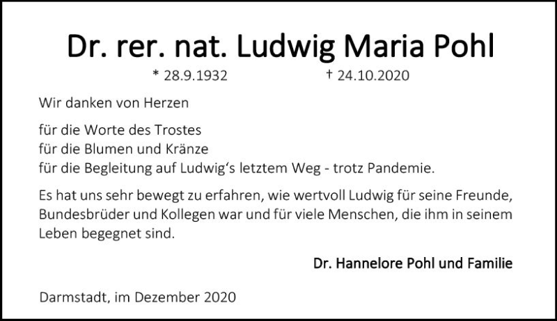  Traueranzeige für Ludwig Maria Pohl vom 12.12.2020 aus vrm-trauer