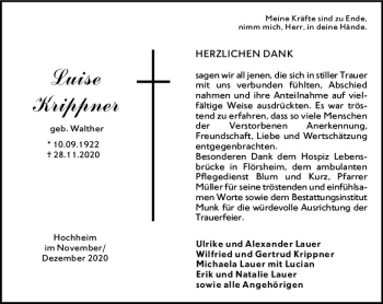 Traueranzeige von Luise Krippner von vrm-trauer