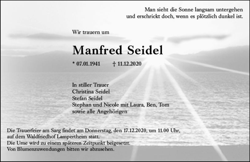  Traueranzeige für Manfred Seidel vom 15.12.2020 aus vrm-trauer