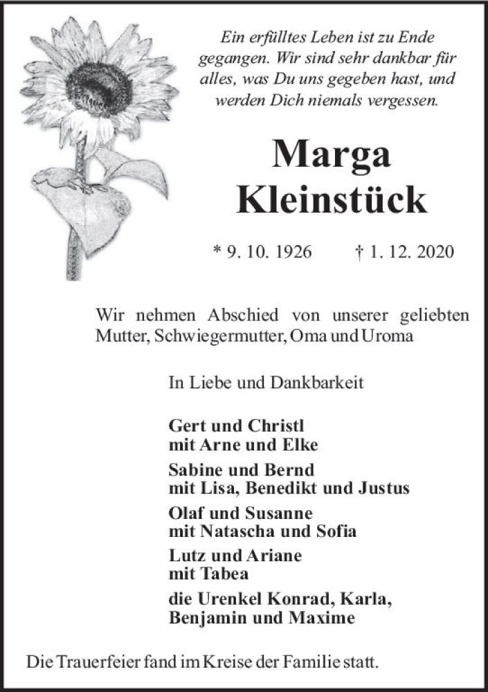  Traueranzeige für Marga Kleinstück vom 12.12.2020 aus vrm-trauer