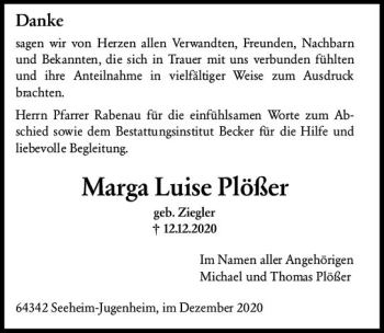 Traueranzeige von Marga Luise Plößer von vrm-trauer