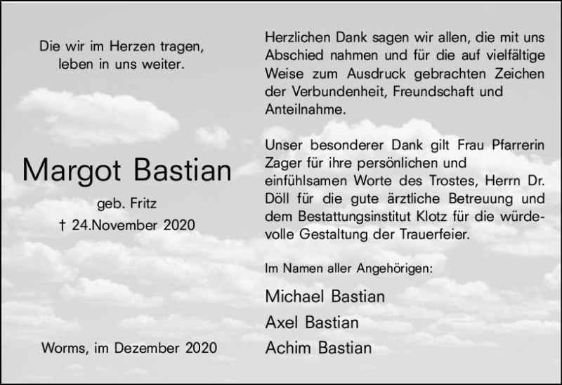  Traueranzeige für Margot Bastian vom 19.12.2020 aus vrm-trauer