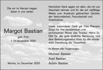 Traueranzeige von Margot Bastian von vrm-trauer