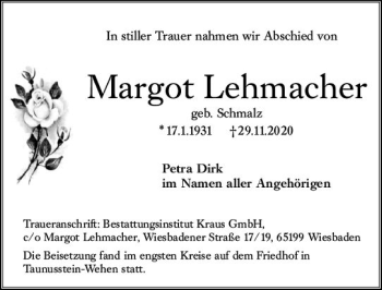 Traueranzeige von Margot Lehmacher von vrm-trauer
