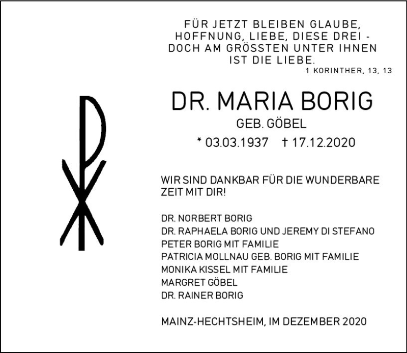  Traueranzeige für Maria Borig vom 23.12.2020 aus vrm-trauer
