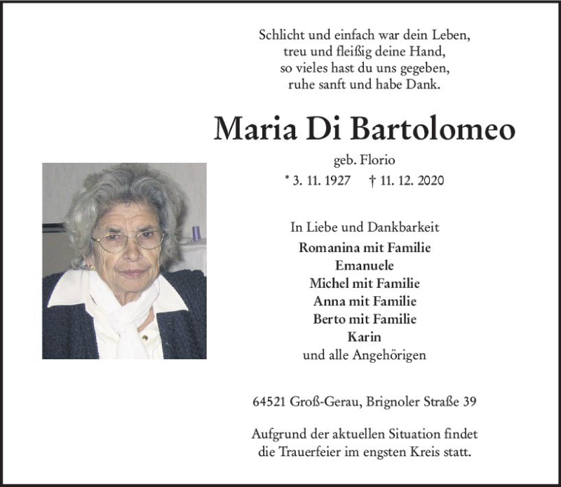  Traueranzeige für Maria Di Bartolomeo vom 19.12.2020 aus vrm-trauer