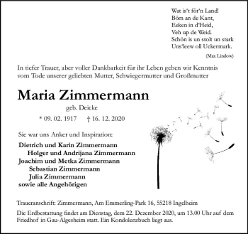 Traueranzeige von Maria Zimmermann von vrm-trauer