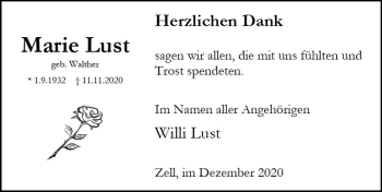 Traueranzeige von Marie Lust von vrm-trauer