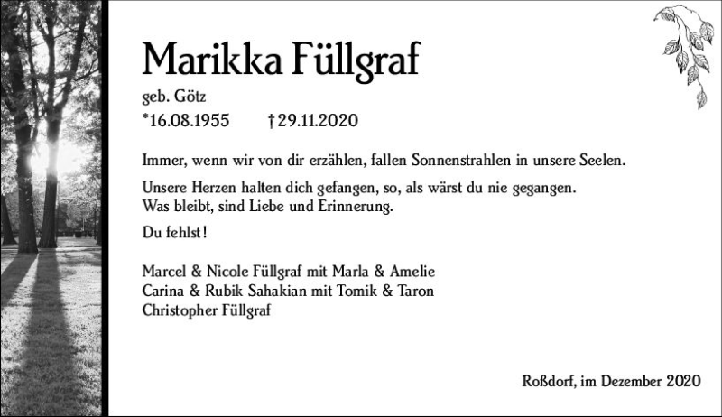  Traueranzeige für Marikka Füllgraf vom 05.12.2020 aus vrm-trauer