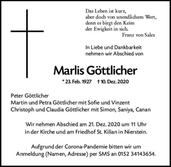 Traueranzeige von Marlis Göttlicher von vrm-trauer
