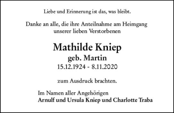 Traueranzeige von Mathilde Kniep von vrm-trauer