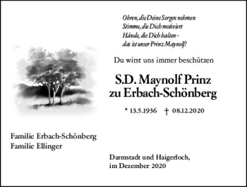 Traueranzeige von Maynolf Prinz zu Erbach-Schönberg von vrm-trauer