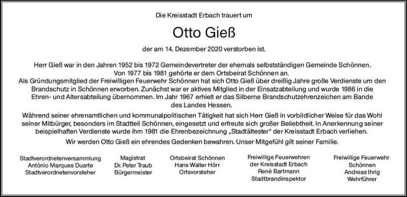  Traueranzeige für Otto Gieß vom 19.12.2020 aus vrm-trauer