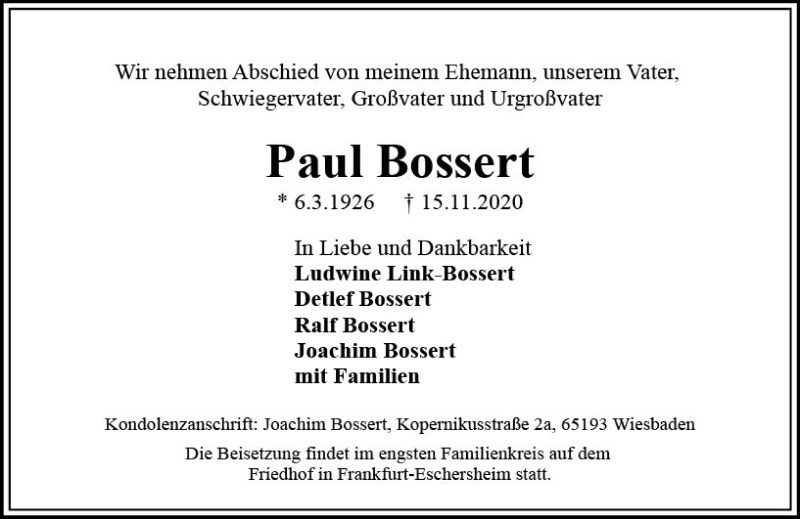  Traueranzeige für Paul Bossert vom 12.12.2020 aus vrm-trauer