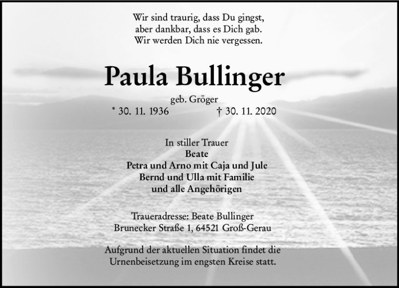  Traueranzeige für Paula Bullinger vom 05.12.2020 aus vrm-trauer