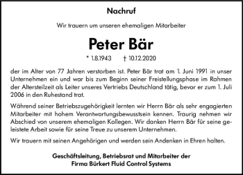 Traueranzeige von Peter Bär von vrm-trauer