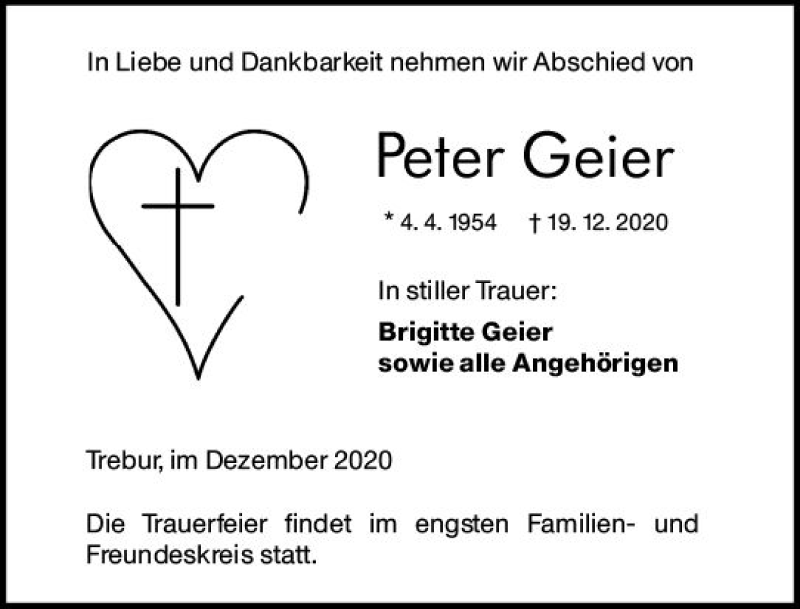  Traueranzeige für Peter Geier vom 29.12.2020 aus vrm-trauer