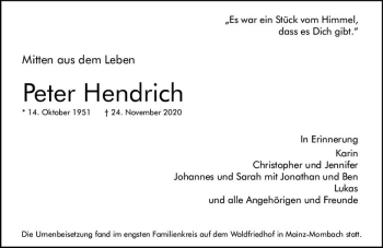 Traueranzeige von Peter Hendrich von vrm-trauer