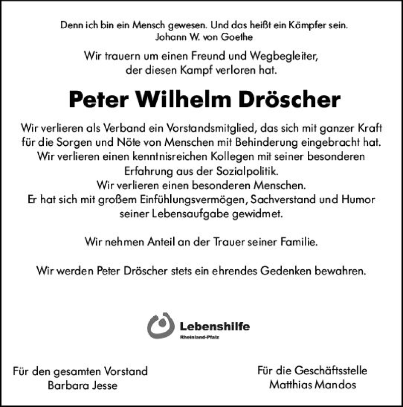  Traueranzeige für Peter Wilhelm Dröscher vom 21.12.2020 aus vrm-trauer