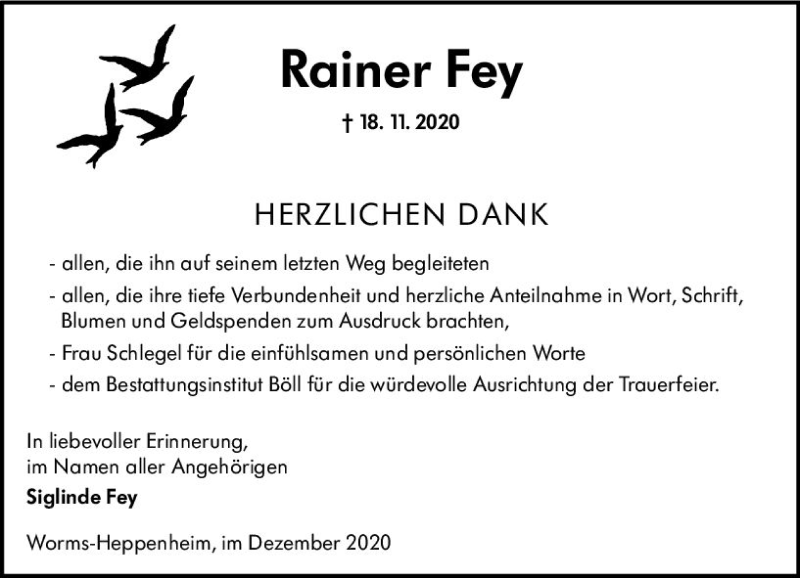  Traueranzeige für Rainer Fey vom 19.12.2020 aus vrm-trauer
