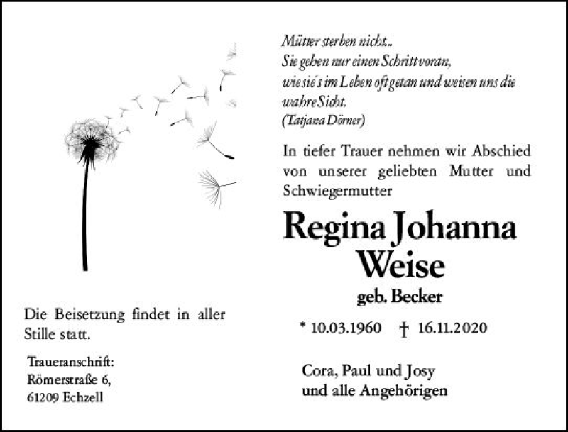  Traueranzeige für Regina Johanna Weise vom 12.12.2020 aus vrm-trauer