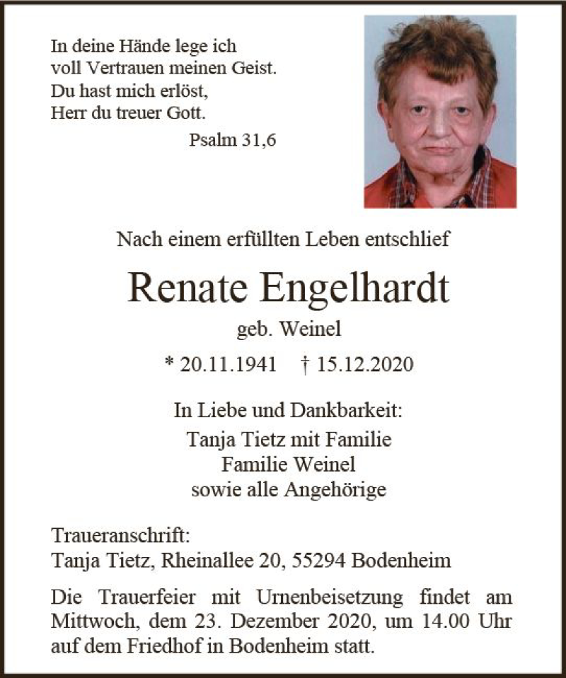  Traueranzeige für Renate Engelhardt vom 19.12.2020 aus vrm-trauer
