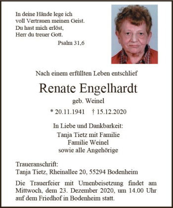Traueranzeige von Renate Engelhardt von vrm-trauer