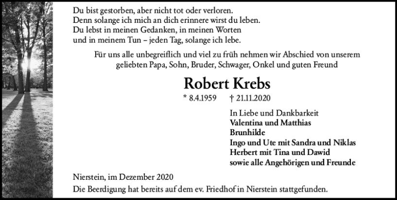  Traueranzeige für Robert Krebs vom 05.12.2020 aus vrm-trauer