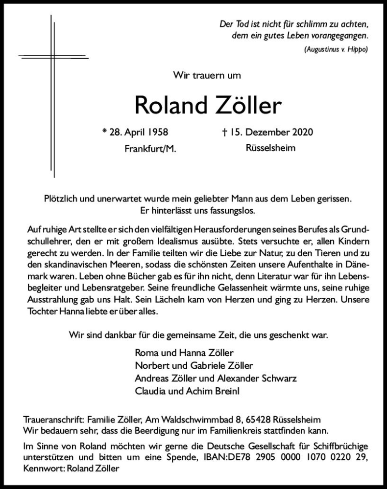  Traueranzeige für Roland Zöller vom 21.12.2020 aus vrm-trauer