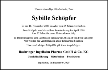 Traueranzeige von Sybille Schöpfer von vrm-trauer