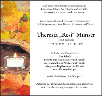 Traueranzeige von Theresia Munser von vrm-trauer