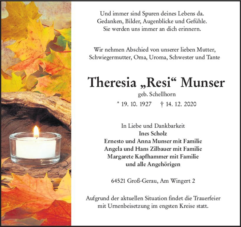  Traueranzeige für Theresia Munser vom 19.12.2020 aus vrm-trauer