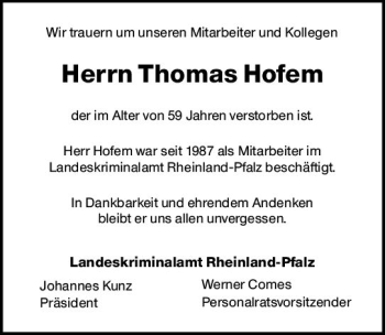 Traueranzeige von Thomas Hofem von vrm-trauer