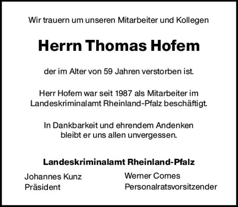  Traueranzeige für Thomas Hofem vom 12.12.2020 aus vrm-trauer