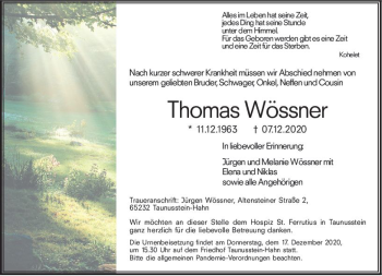 Traueranzeige von Thomas Wössner von vrm-trauer