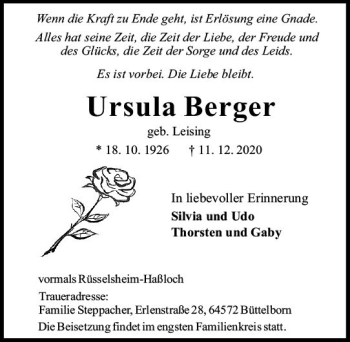 Traueranzeige von Ursula Berger von vrm-trauer