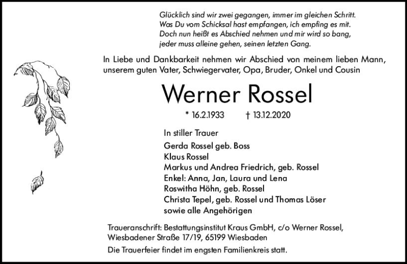  Traueranzeige für Werner Rossel vom 24.12.2020 aus vrm-trauer