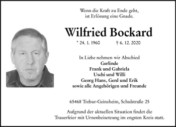Traueranzeige von Wilfried Bockard von vrm-trauer