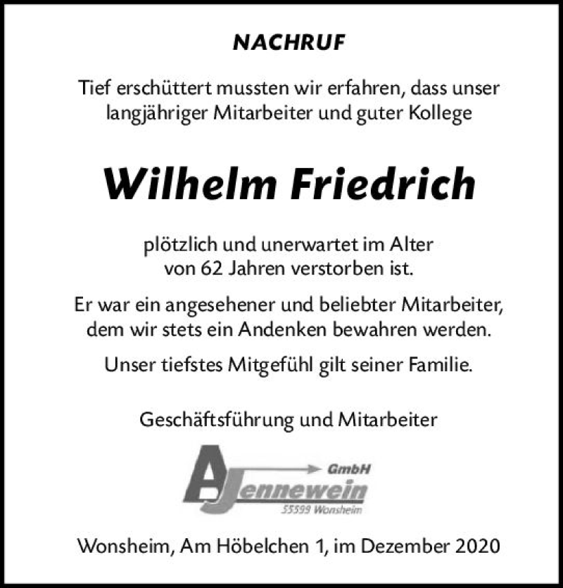  Traueranzeige für Wilhelm Friedrich vom 30.12.2020 aus vrm-trauer